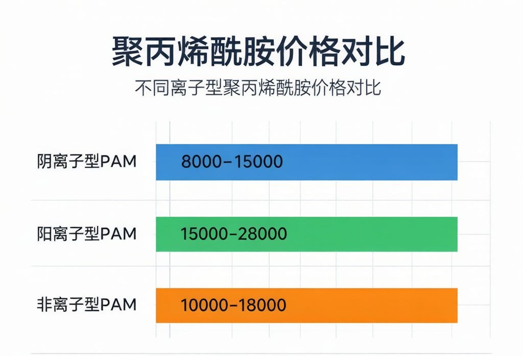 聚丙烯酰胺價(jia) 格區間對比圖:陰離子APAM 8000-19000元/噸、陽離子CPAM 5000-30000元/噸、非離子NPAM 4000-25000元/噸價(jia) 格分布
