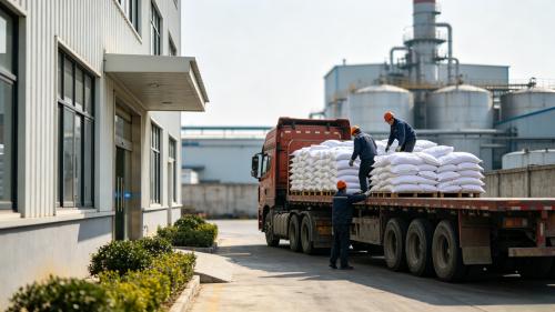 PAM粗粉品質一致,對人工操作和簡陋條件寬容度高 工人正在貨車上碼放整齊的PAM粗粉,抗結塊能力強儲(chu) 存穩定,批次粒徑分布集中溶解行為(wei) 一致