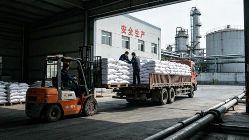 PAM緩溶型品質一致,粘度上升的時間節奏被精確控製 工人正在貨車上碼放整齊的PAM緩溶型,交聯密度批次穩定阻隔膜瓦解時間可控,先分散後溶解不抱團不起疙瘩